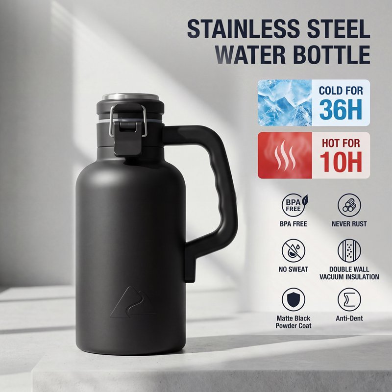 48oz Insulated Stainless Steel Growler - Black Travel Bottle