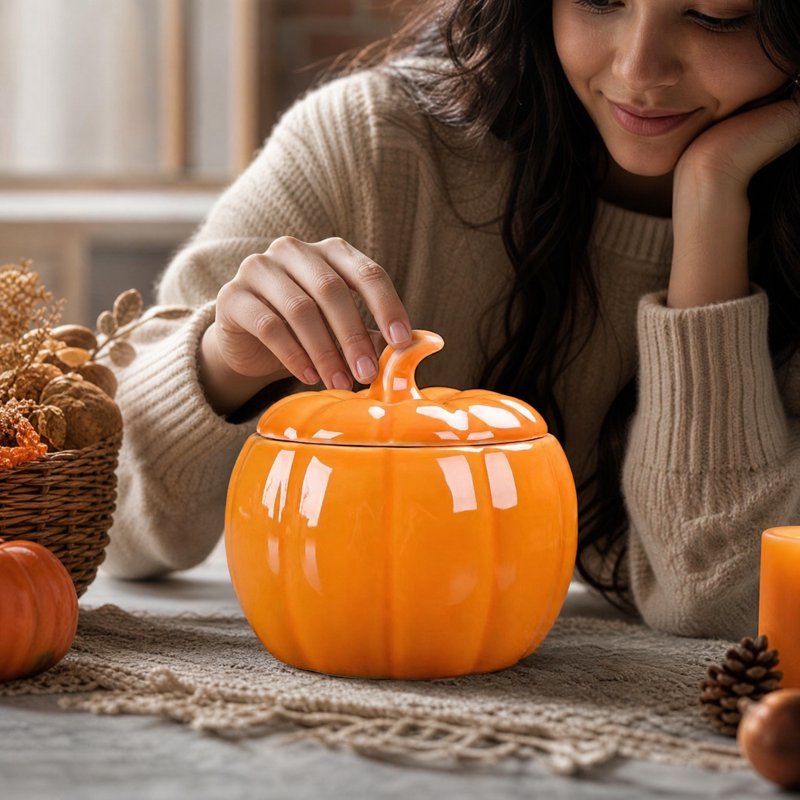 Halloween Pumpkin Candy Jar - Ceramic Storage Container with Lid - Variation #027