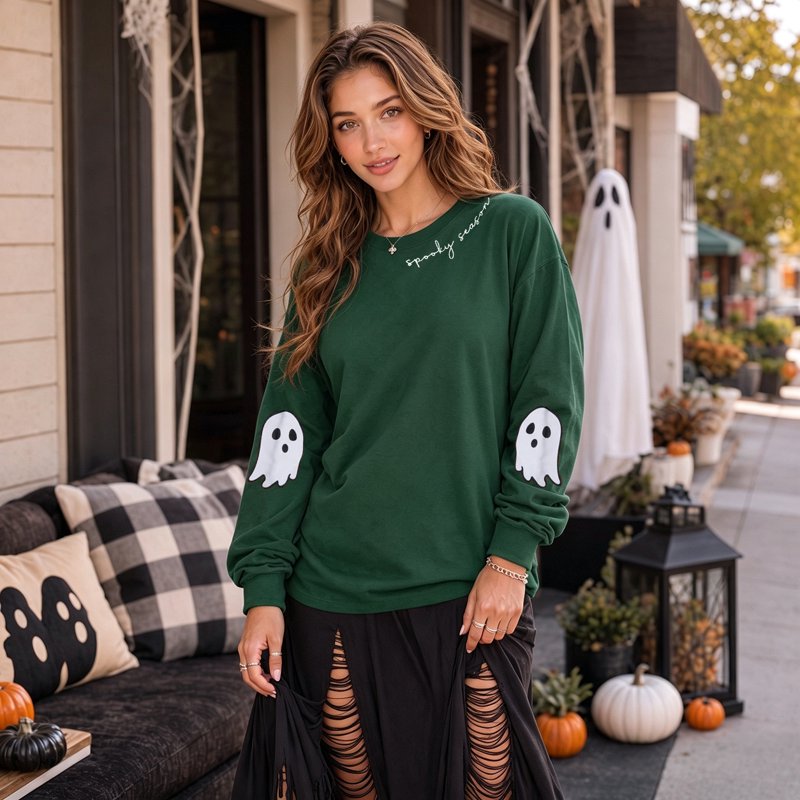 Women's Halloween Ghost Graphic Sweatshirt - Dark Green XL