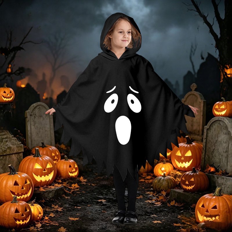 Kids Ghostface Costume Cape for Halloween - Unisex Hooded Dress-Up (Black, 7-9 Years) - Fancy Dress
