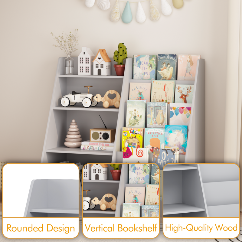 4-Tier Children's Bookshelf with Toy Storage - Gray