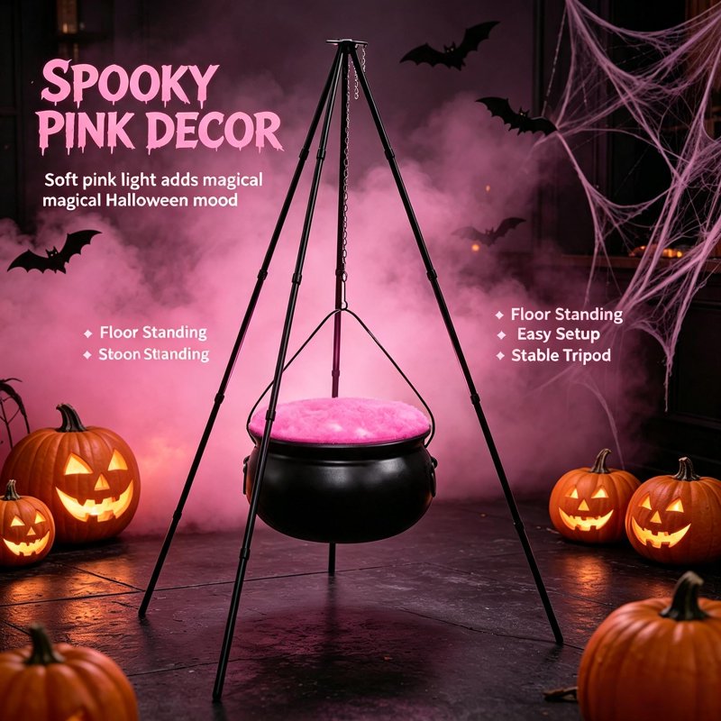 Pink Halloween Cauldron with Tripod & Timer Lights - Outdoor Yard Decor, 30.4" x 7.8" - Pink Variation