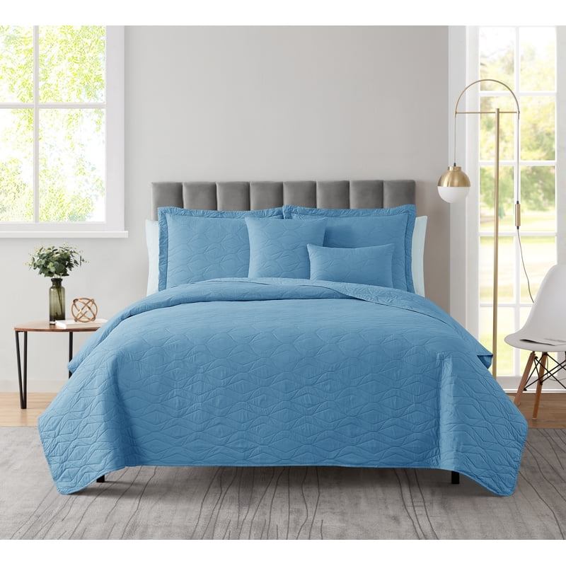 Queen Microfiber Quilt Set with Pillow Shams and Euro Shams - Blue Heaven, Ellipse Weave