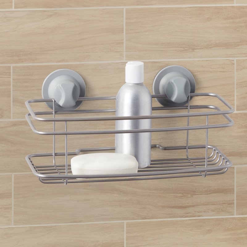 Power Grip Pro Shower Basket with 1 Shelf - Satin Nickel, Suction & Adhesive Mount - Regular Basket