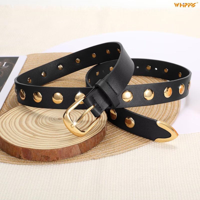 Women's Leather Studded Belt for Jeans Dresses Waist 32-36 Black