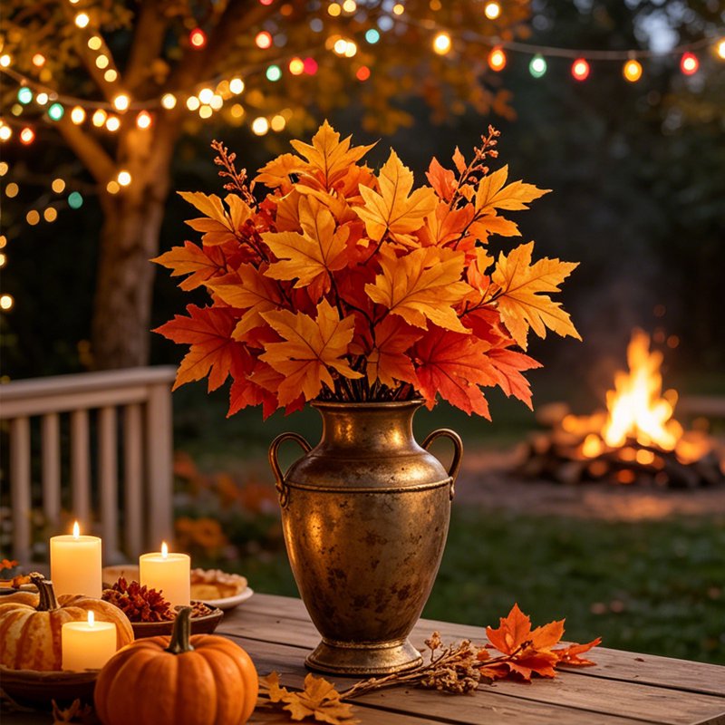 Artificial Maple Leaf Bushes - 2Pcs Fall Decor for Vase, Thanksgiving & Halloween Centerpieces - Yellow, 13 Inches