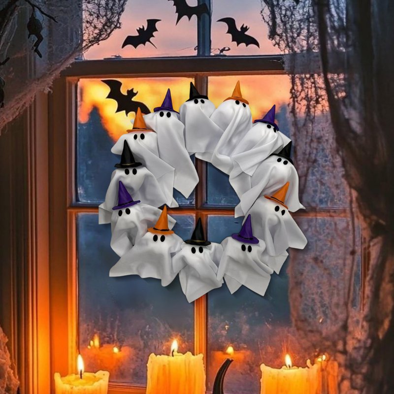 15.7-inch LED Light-Up Ghost Wreath with Witch Hats for Halloween Front Door Decor