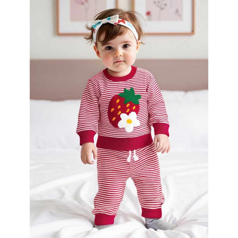 Toddler Girls Autumn Pants Outfit Set - Strawberry Embroidery, Long Sleeve Tops & Striped Pants, Style 1, 6-12 Months