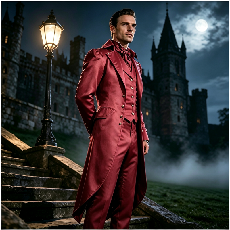 Men's Victorian Tailcoat with Faux Vest Layer - T-Red, Size S