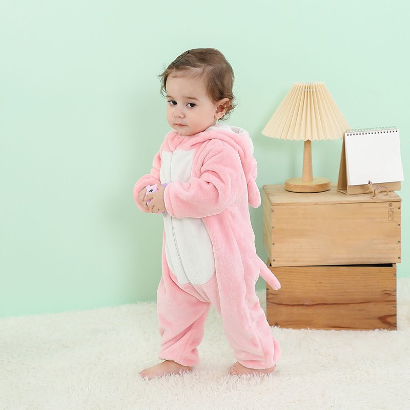 Kids Animal Hooded Romper - Pink, 3-6 Months Cute Flannel Jumpsuit