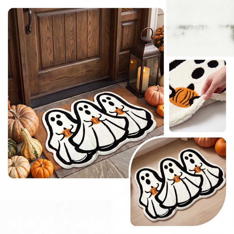 Halloween Ghost Pumpkin Doormat - Ghost Holding Pumpkin Floor Mat with Grip-Enhanced Absorbent Surface - Variation of THIS listing 34_Printed Ghost Doormat_AH
