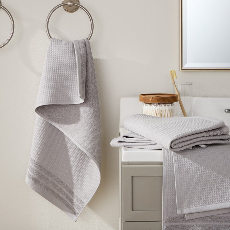 Gray 4-Piece Waffle Woven Terry Stripe Hand Towel Set - 20x30" Cotton