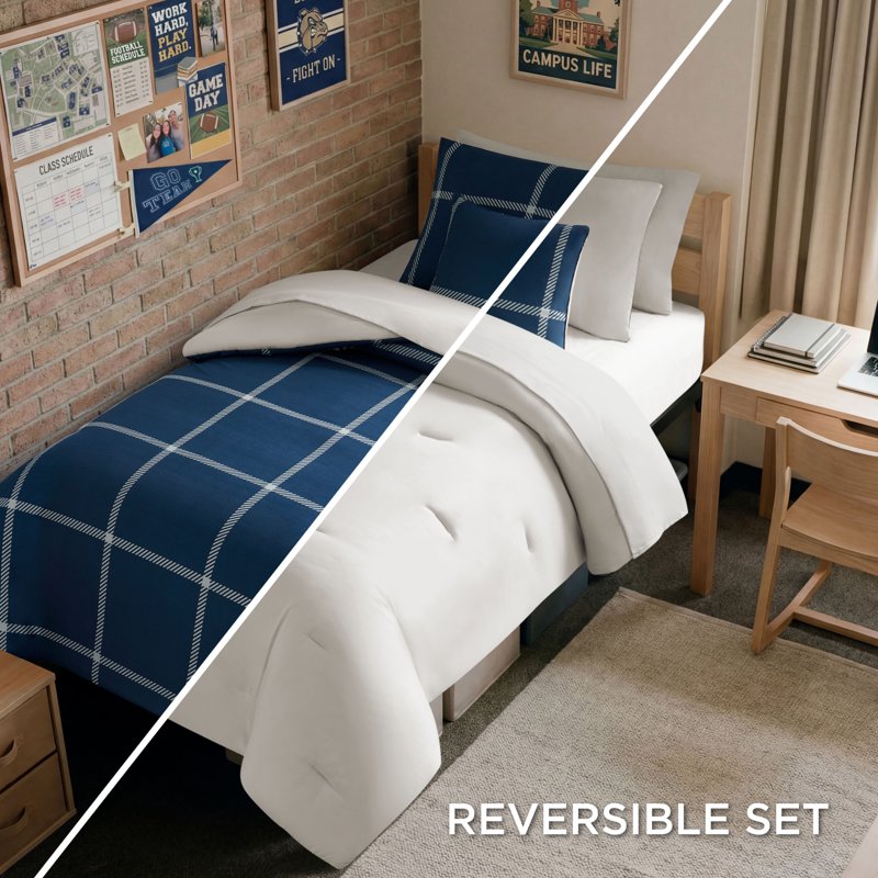 Twin XL Window Pane Check Bed in a Bag - Navy, Reversible Comforter Set
