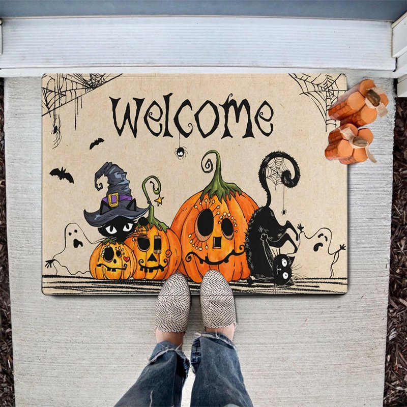 Halloween Cat Doormat with Pumpkin - Layered Fall Outdoor Rug - Variation A
