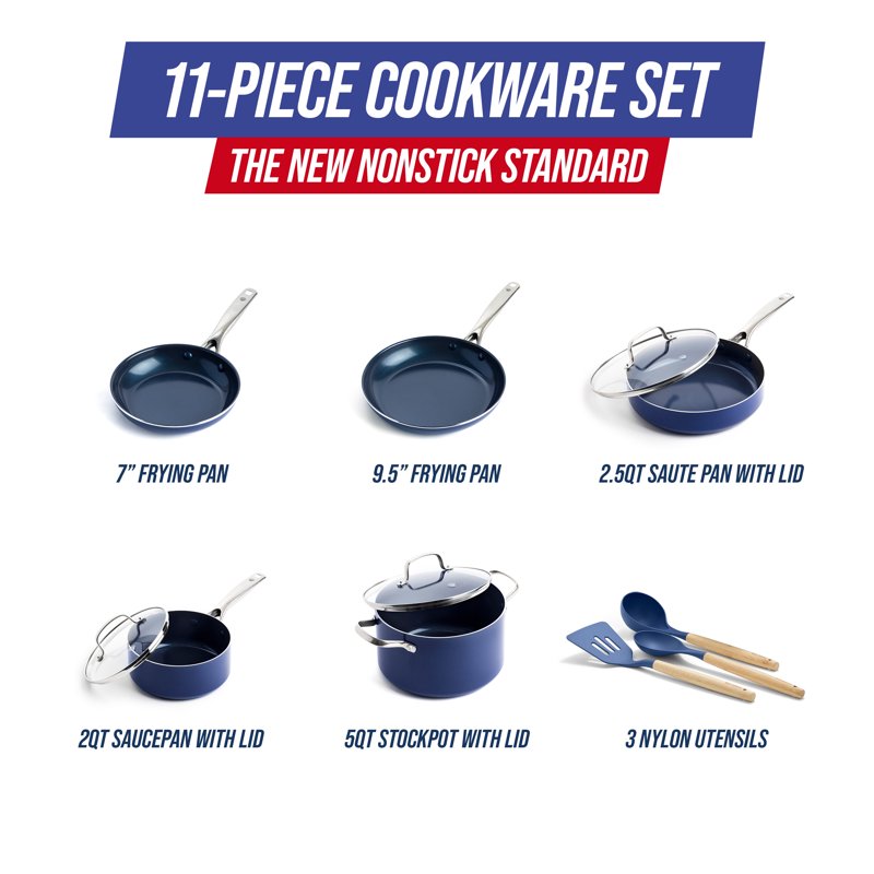 Ceramic Nonstick Cookware Set - 11 Pieces, Blue