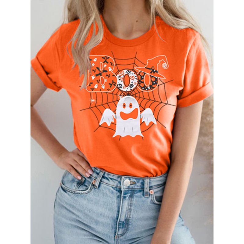 Women Halloween Boo T-Shirt Orange M Ghost Pumpkin Spider Graphic Crew Neck