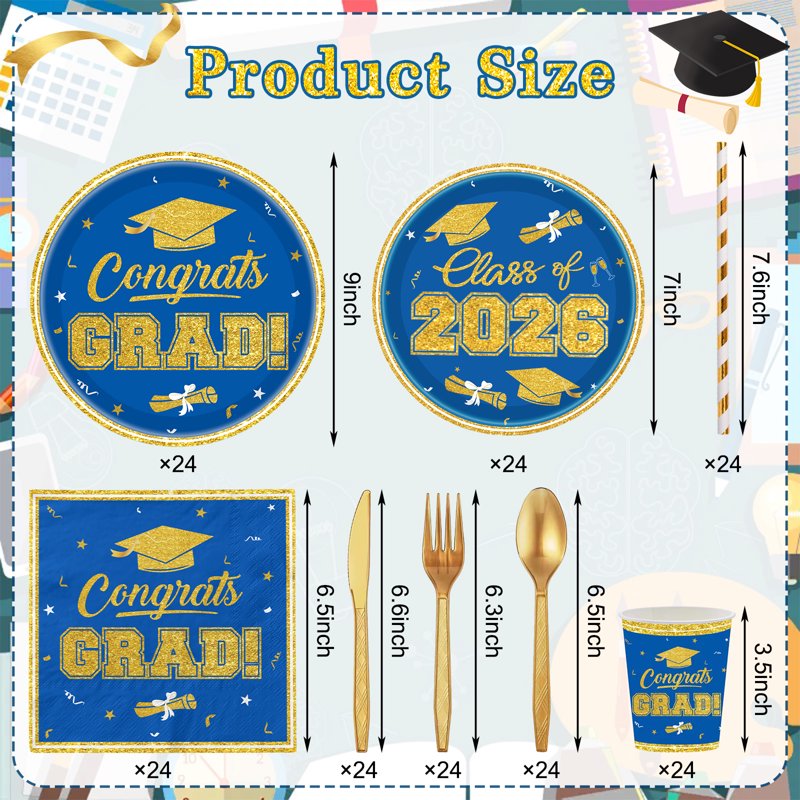 Graduation Plates and Napkins Party Supplies - Class of 2026 Congrats Grad Disposable Set - Blue