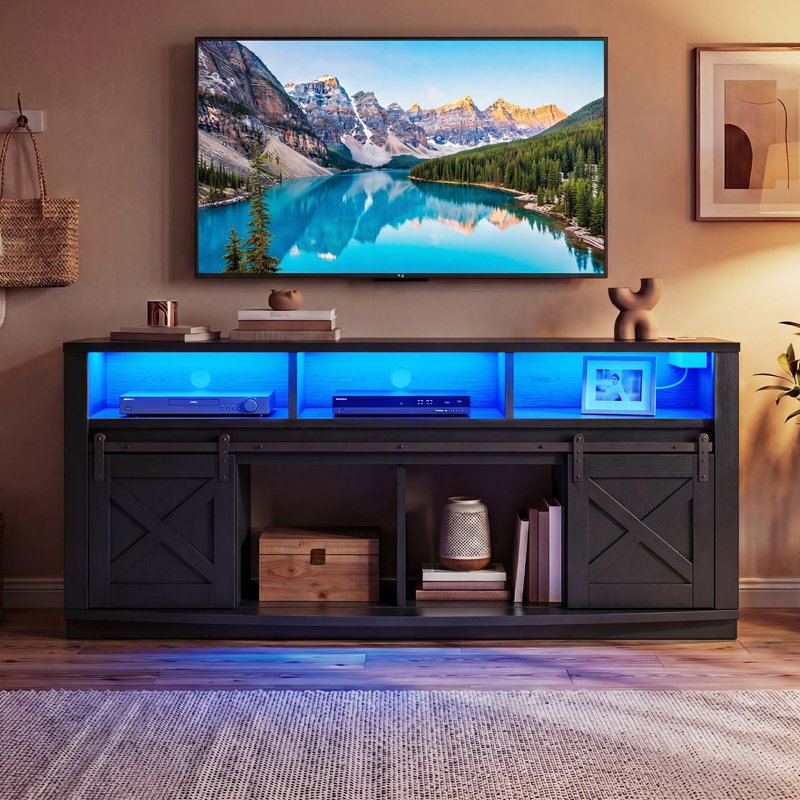 70" TV Stand with Power Outlet & LED Lights - Curved Entertainment Center
