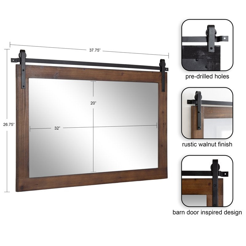 Farmhouse Wall Mirror with Barn Door Design - Walnut Brown, 38 x 27