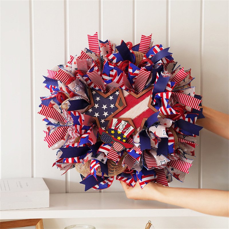 Patriotic 4th of July Wreath for Front Door - Red White Blue Flower Decor - Variation Z0B