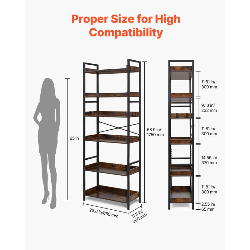 Industrial 6-Tier Bookshelf - Vintage Ladder Shelf, Rustic Brown