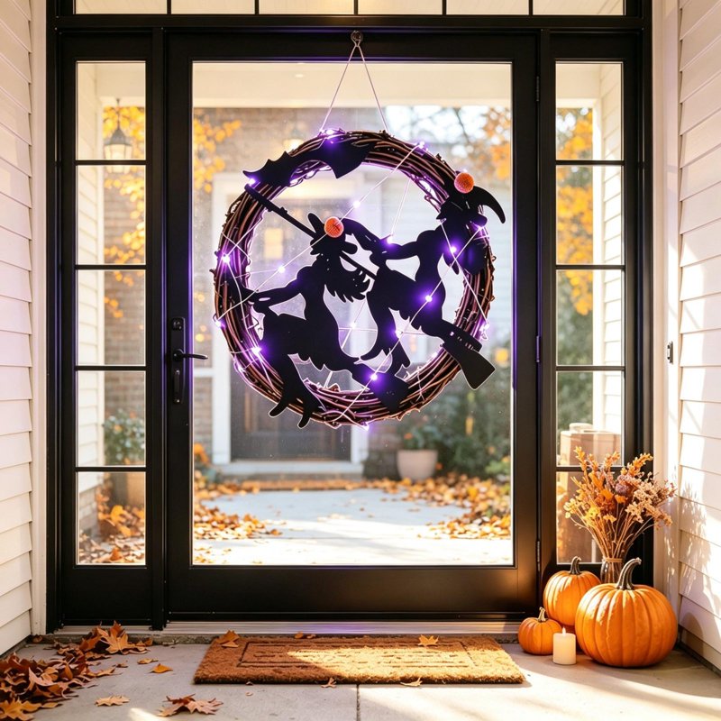 Halloween Wreath with Purple LED Witch & Bats - Gothic Front Door Decor - Variation of Witch & Wand