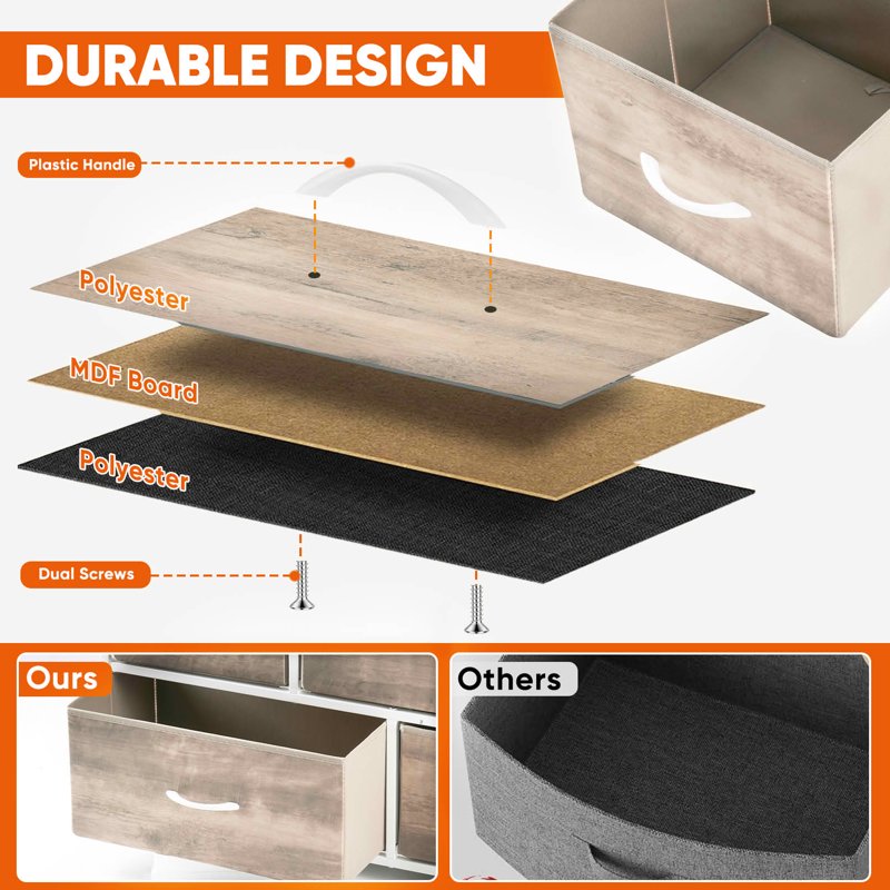 Fabric Drawer Nightstand with Wooden Top - 5 Drawer Oak