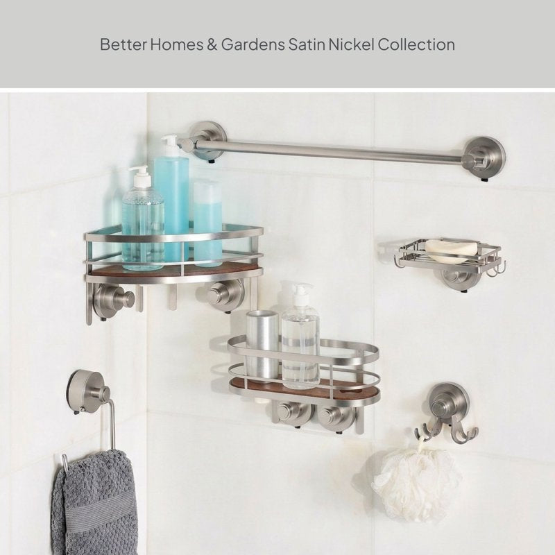 Suction Mount Shower Caddy with Acacia Wood Tray - Satin Nickel Finish