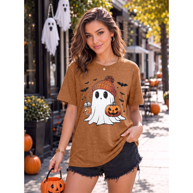 Brown Halloween Ghost Book Lover Graphic T-Shirt for Women - Size L