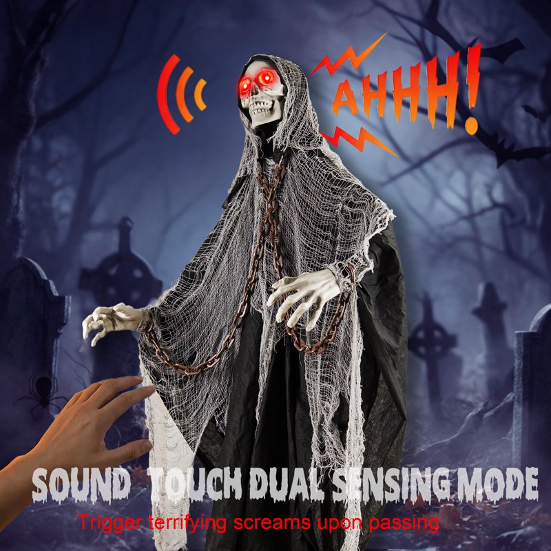 6ft Ghost Skeleton Halloween Outdoor Decor - Sound-Activated Porch Yard Decoration, Grey