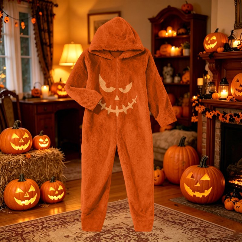 XL Pumpkin Cosplay Jumpsuit Halloween Costume for Men Women - Cozy Fleece Hooded Jack-O-Lantern Pajama