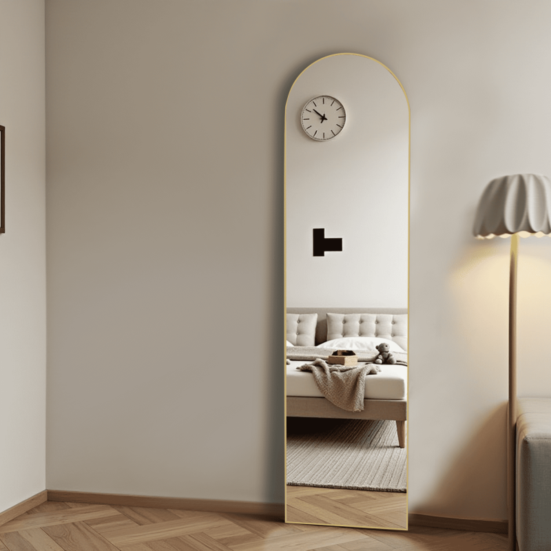 59-Inch Gold Full Length Mirror with Stand - Arched Floor Mirror with Aluminum Frame