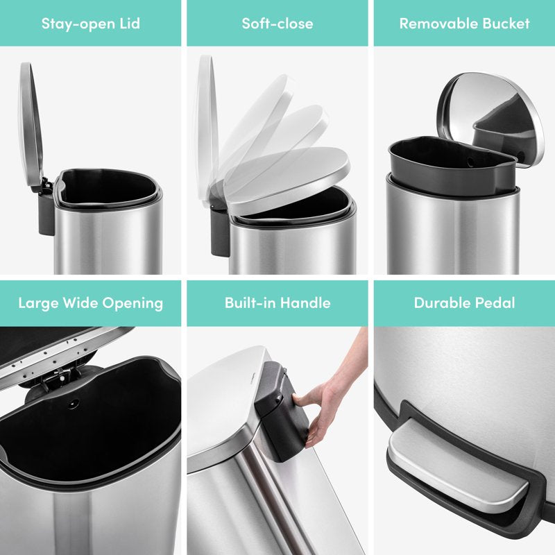 13.2 Gallon Slim Step Kitchen Trash Can - Stainless Steel, Silver