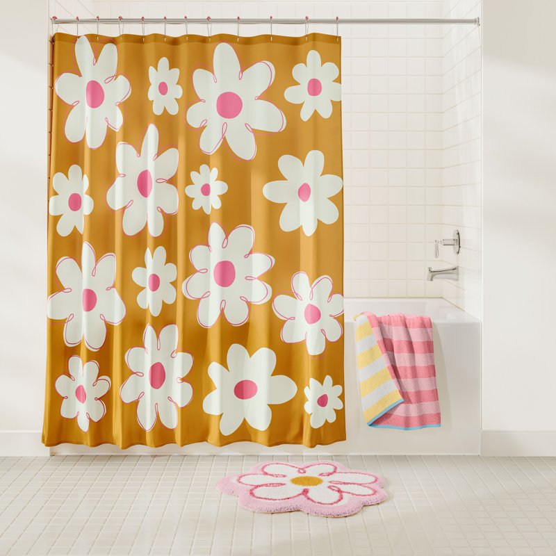 Kids Daisy Fabric Shower Curtain with Hooks Set - 72x72 Inches - Multicolor Geo Pattern