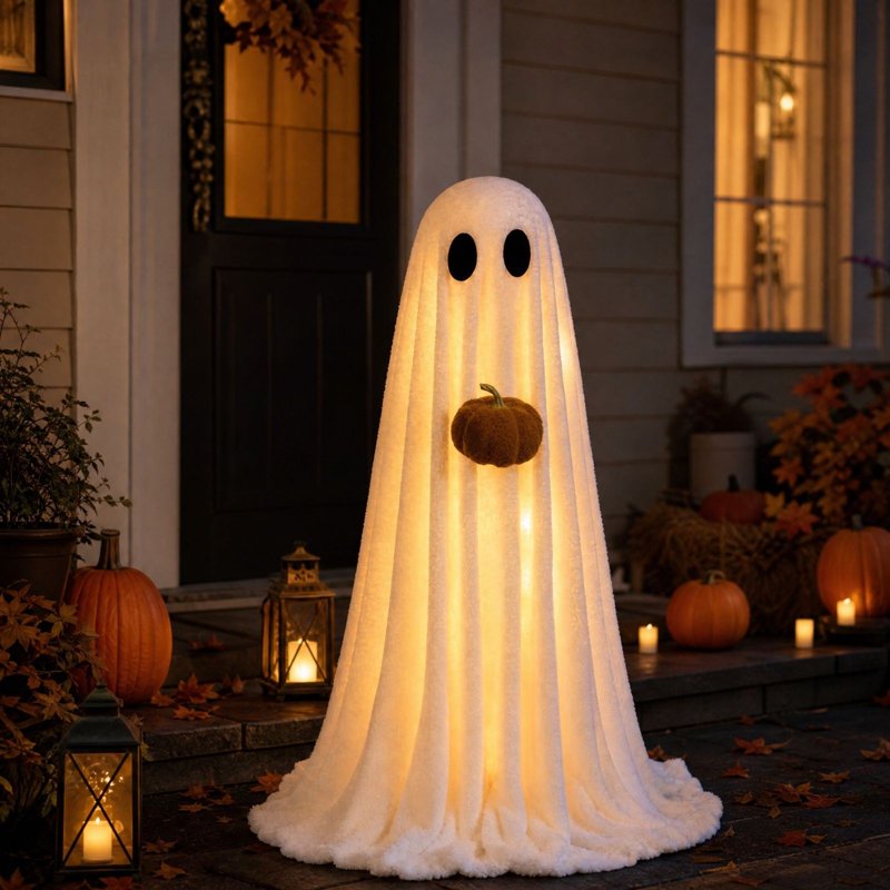 Lighted Ghost Prop Standing Halloween Decoration with Pumpkin, Adjustable Tripod, White, 3.6FT