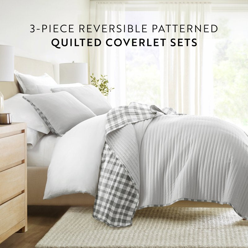King Watercolor Plaid Reversible Quilt Set - Gray & Soft Microfiber
