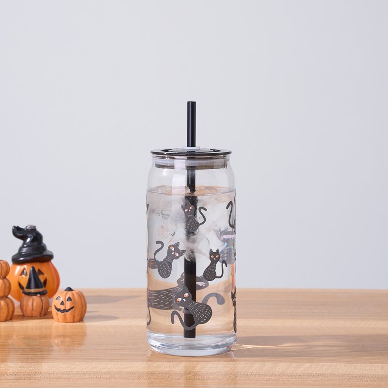 Halloween Cat Glass Can Sipper Tumblers - 20 oz, 2 Pack