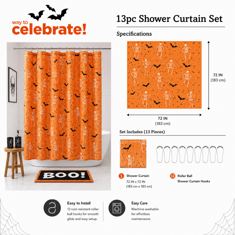 Halloween Shake Your Bones Shower Curtain Set with Hooks - Orange, 13 Pieces
