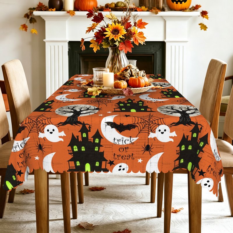 Halloween Orange Tablecloth with Ghost Bat Castle Design - 54x72 Inch, Holiday Party Decor