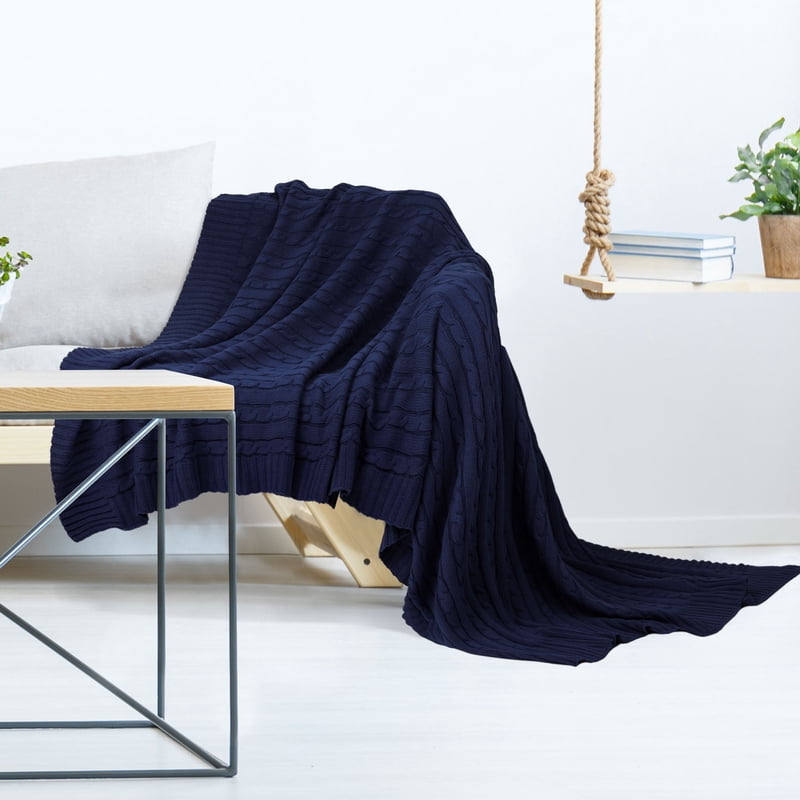 Cotton Cable Knit Throw Blanket - Navy Blue, 51" x 59"