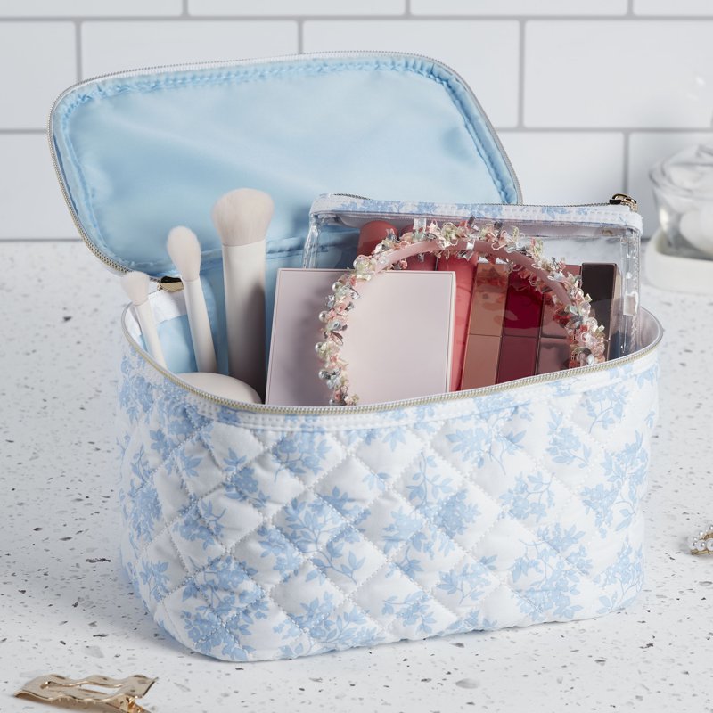 2-Piece Floral Train Case Set with Clear Pouch for Travel Organization