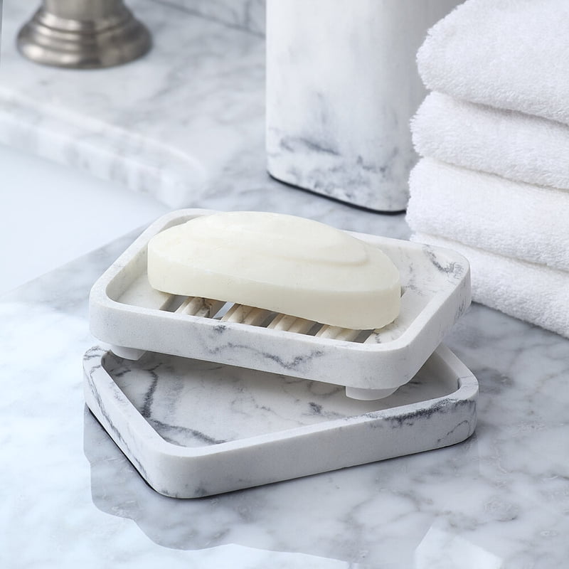 Faux Marble Soap Dish - White Magnetic 2-Piece Bathroom Counter Accessory - Single