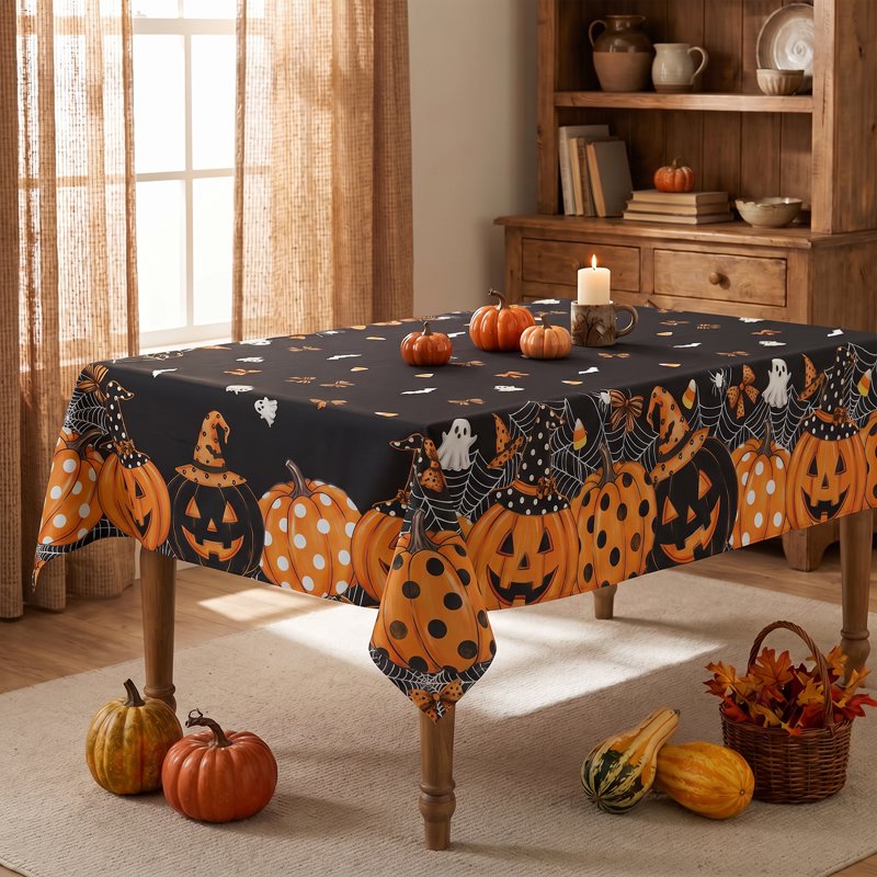 Halloween Tablecloth with Ghost Bat Pumpkin Web 60x104 Inch Wrinkle-Resistant & Washable