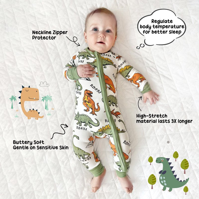 Baby Pajamas 2-Pack Dinosaur Zip Sleep N Play Set for 12-18 Months - Snug Fit, Bamboo Viscose