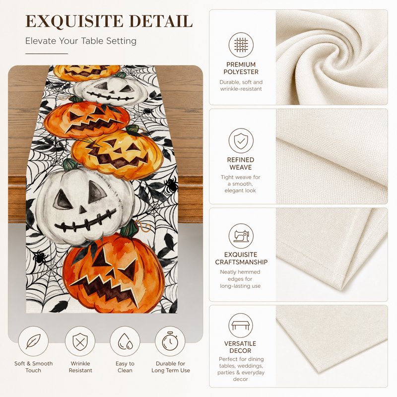 Halloween Table Runner 13 x 36 Inch Ghost Jack O Lantern Spiders - Beige
