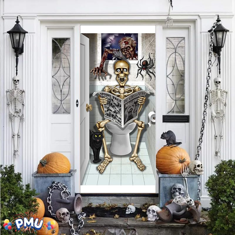 PMU 3-Piece Halloween Bathroom Door Cover Set - Skeleton and Spooky Decor