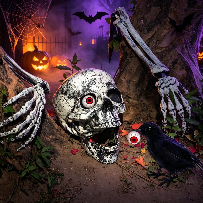 Halloween Skeleton Stakes with Crow and Red Eyes Garden Outdoor Decor