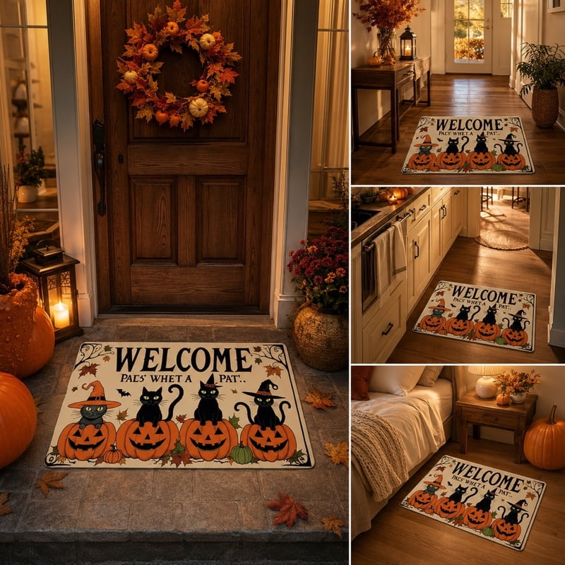 Halloween Doormat with Pumpkins & Ghosts - Non-Slip Absorbent Floor Mat, 15.8x23.6 Inch, Easy to Clean, T Variation