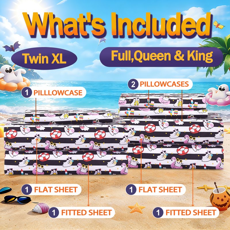 King Summerween Microfiber Sheet Set - Nautical Ghosts Black & White, 4 Piece