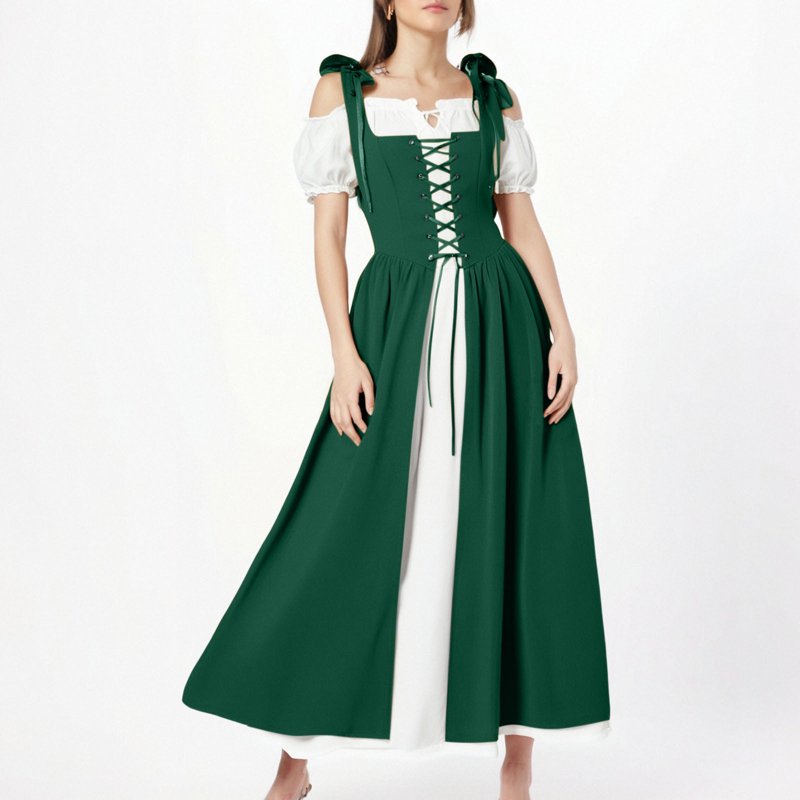 Women's Renaissance Costume Dress Vintage Medieval Gown - Green XL - AA Green